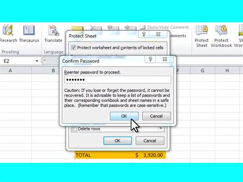 Now, in Excel, use the mouse to select the cells or the range that you want to protect. Right-click on it and select “Format cells ...” again. In the Protection tab, check the box next to Blocked. Select the “Check” menu in Excel and click the “Protect sheet” button. Assign a password and confirm this twice. Do not forget!